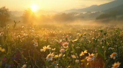 Naklejka premium Wildflowers in a meadow during sunrise