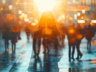 Silhouette of a person amidst a busy city street at sunset, capturing the golden hour ambiance with blurred pedestrian motion.
