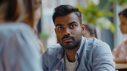 A man sits at a table with a woman in the background, perfect for scenes of friendship, social gatherings or even romantic dinners