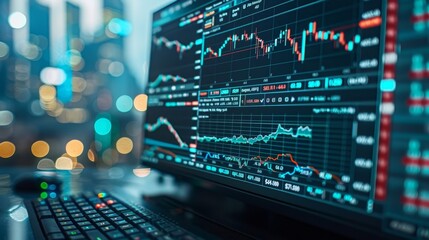 Tallinn, Estonia - August 4th 2023 - Screen with Stock Market Candlestick Chart of the Dow Jones Industrial Average Equity Index. Stock Exchange Software on a Monitor. 30 Prominent US, Generative AI