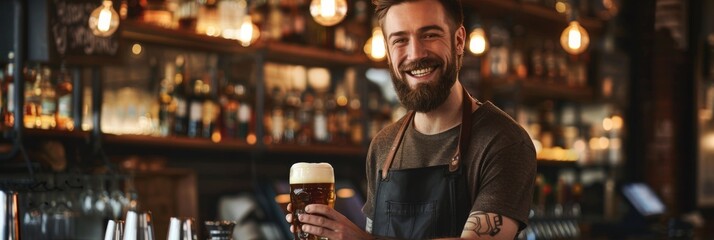 A smiling bartender holds a frothy pint of beer in a rustic bar setting