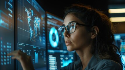 Female Senior Data Scientist Reviewing Reports Of Risk Management Department On Big Digital Screen In Monitoring Room. Diverse Consulting Company Employees Working Behind Desktop, Generative AI