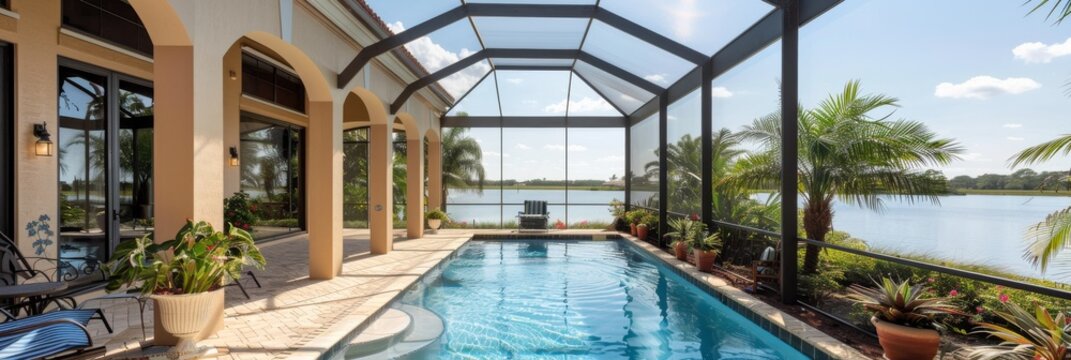 A luxurious Florida mansion boasts a screened-in pool and patio overlooking a tranquil lake. Palm trees and lush greenery enhance the tropical ambiance