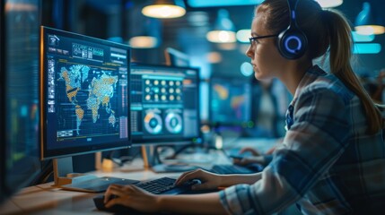 Portrait of Female Video Game Designer Working on a New 3D Level on Desktop Computer in Creative Office. Black Focused Woman Creating Metaverse and Adding Details to a Game, Generative AI