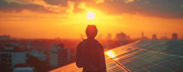 Silhouette of person looking at sunset on rooftop with solar panels, representing renewable energy and urban sustainability.