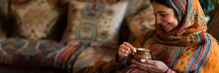 A pregnant woman, dressed in a beautiful traditional Moroccan outfit, smiles warmly as she sips tea in a comfortable home setting