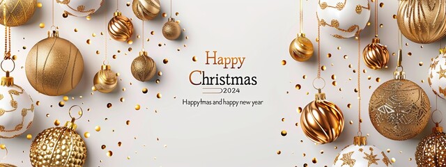 Golden and white Christmas ornaments with 2024 text on a white background