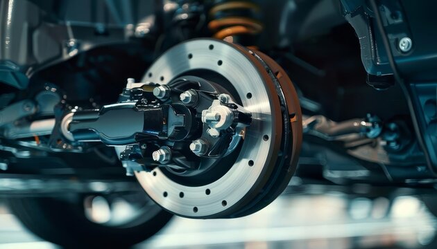 Closeup of a car s antilock braking system in action, reduce speed, automotive safety