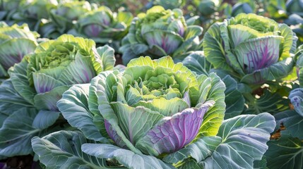 Obraz premium Close-up of lush green cabbage plants growing in a field Concept of agriculture farming organic food cultivation