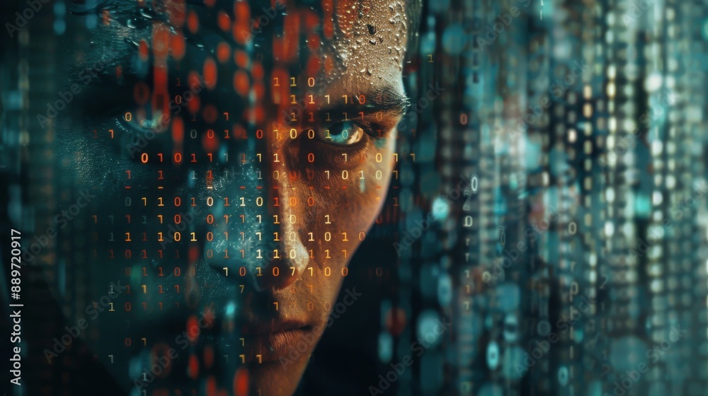Poster A person's face is shown in a close-up, with binary code overlayed and blurred in the background.