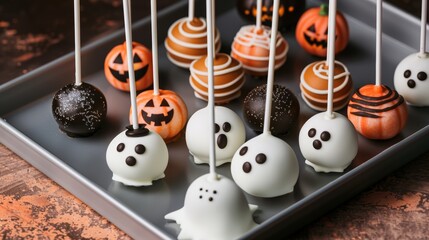 A tray of Halloween-themed cake pops shaped like ghosts, pumpkins, and witches, in a festive arrangement, high-resolution photo, realistic photo