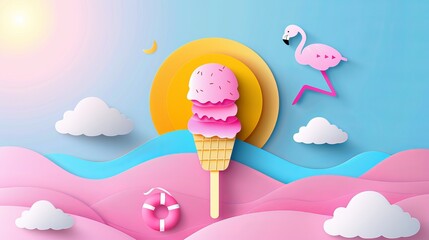Abstract depiction of the sea resembling a melted pink ice cream stick with a flamingo swim ring Designed in paper cut and craft style for summer themes