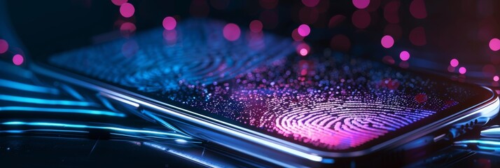 A close-up view of a smartphone displaying an animation of a fingerprint scanner, illuminated by neon blue and pink lights
