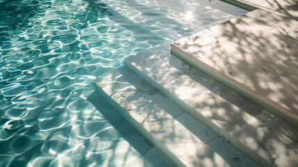 Close-up image of blue pool water surrounded by tropical plants