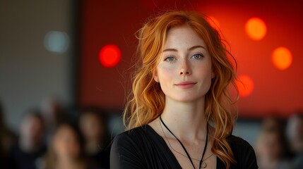 Naklejka premium Redhead ginger caucasian businesswoman delivering a powerful keynote address at a conference standing on stage with confidence addressing a diverse audience with her insights in the business world 