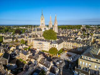 The drone aerial view of Bayeux Cathedral, also known as Cathedral of Our Lady of Bayeux is a Roman Catholic church located in the town of Bayeux in Normandy, France.
