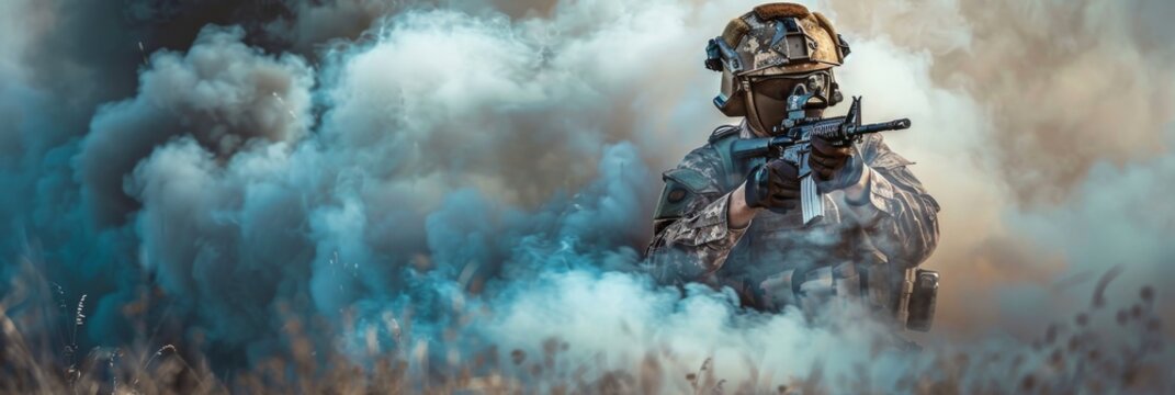 A soldier in full gear navigates through a smoke-filled training area during a tactical exercise