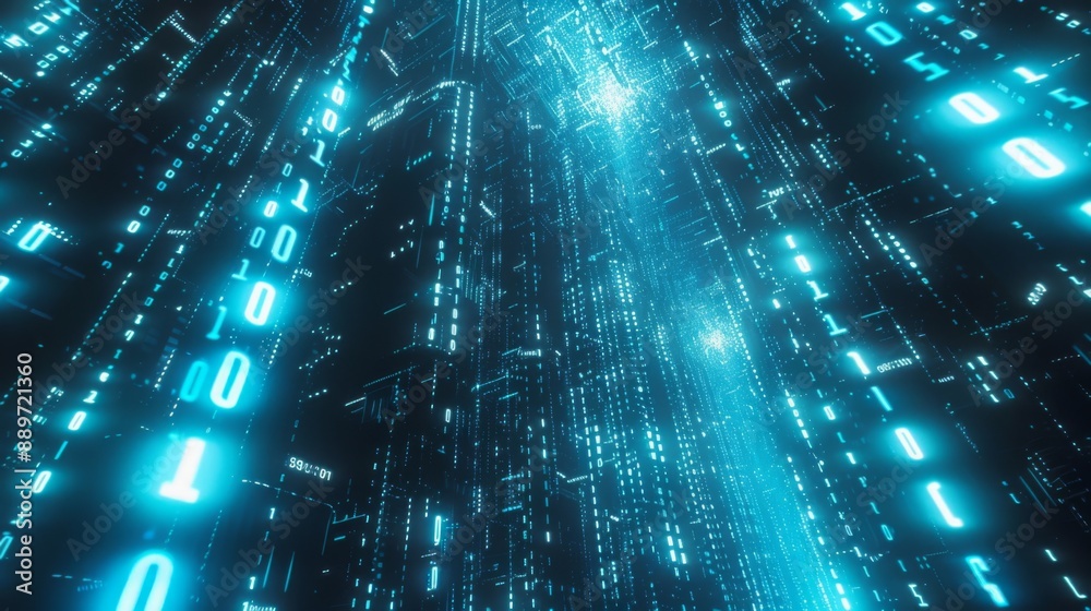 Poster A digital cityscape made of glowing blue binary code, extending into the distance.