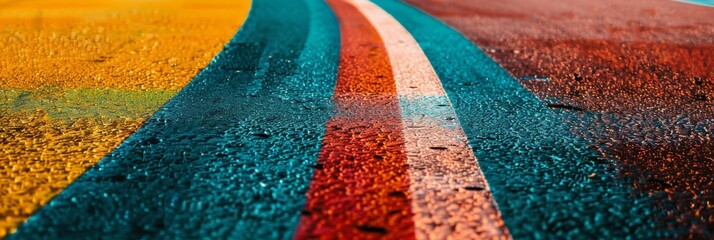 Fototapeta premium Close-up view of a racetrack's starting line, featuring colorful lane markings and a textured asphalt surface