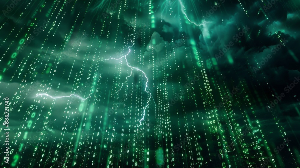 Aufkleber Lightning strikes through a digital landscape of cascading binary code.