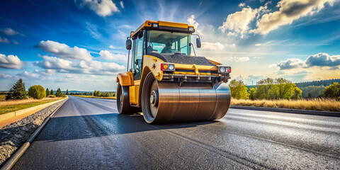 A massive asphalt road roller presses down freshly laid asphalt on a winding roadway, smoothing out the surface amidst a bright blue sunny day.