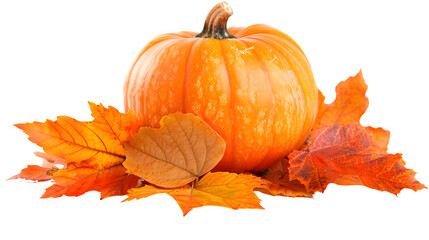 Pumpkin with autumn leaves, Thanksgiving, seasonal decoration, fall harvest, festive centerpiece, png file, isolated on white