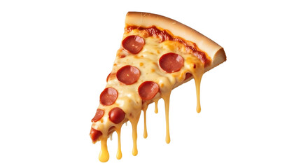 A slice of pepperoni pizza with melted cheese dripping down. The crust is golden brown, and the pepperoni slices are evenly distributed on top. The background is plain white, emphasizing the pizza sli