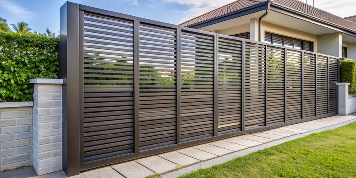 Modern metal fence with sleek horizontal slats and adjustable shutters in a neutral tone, adding a touch of contemporary style to a residential exterior.