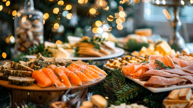 Festive buffet with smoked salmon, cold cuts, cheese, holiday decorations, and pine branches. Concept of Christmas celebration, holiday dinner, food arrangement, festive gathering