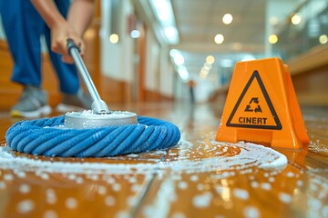 close-up shot of a female janitor mopping a wooden floor with a caution sign nearby. The image captures the essence of office cleaning and maintenance.