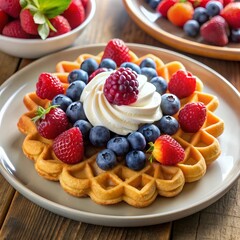 Create an atmosphere of morning delight with waffles filled with berries and whipped cream, decorated in the shape of a flower on a white plate.
