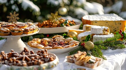 Holiday feast with assorted desserts and cheese platter on a winter table. Concept of festive food, seasonal celebration, Christmas, culinary delights