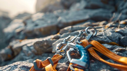 Rock climbing gear with carabiners and rope on rocky surface. Concept of outdoor adventure, mountaineering, safety equipment, extreme sport