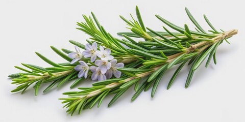 Fresh rosemary sprigs with delicate blue-green needles and petite white flowers isolated on a clear transparent background, perfect for culinary and herbalism designs.