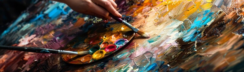 Obraz premium Painting school of modern fine arts. A female painter holds a colorful palette and brushes over a piece of abstract art.