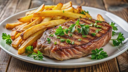 Savory medium-rare steak paired with crispy golden fries and fresh parsley, served on a pristine white plate, exuding appetizing aromas and tempting flavors.