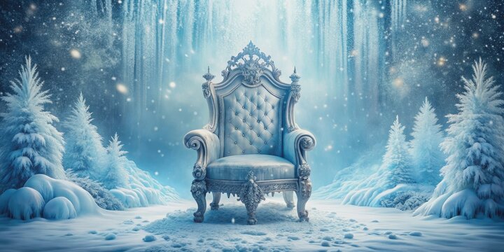 Majestic frozen throne glimmers with crystalline elegance, surrounded by delicate large snowflakes, set against a pristine white backdrop, evoking winter's regal splendor.