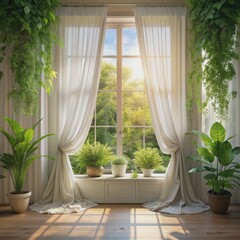 Fototapeta premium Serene morning scene featuring a bright window with flowing white curtains and lush green plants, surrounded by natural light and warm ambiance.