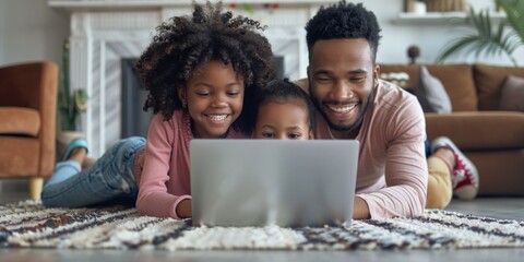 Fototapeta premium A family scene with a man and two children lying on the floor, surrounded by a laptop and maybe some snacks, great for any project requiring a cozy family atmosphere