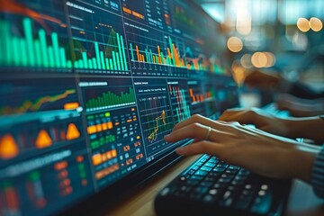 close-up shot of a business advisor analyzing a financial management technology graph on a virtual screen, highlighting the importance of data analytics in business finance.