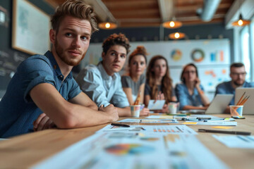 photo of a diverse team of professionals gathered around a table in a workshop, surrounded by documents and laptops, discussing KPI strategy planning and financial projections