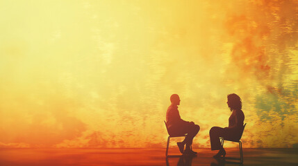 Therapist and client in a deep, compassionate conversation, building trust and healing, left third copy space