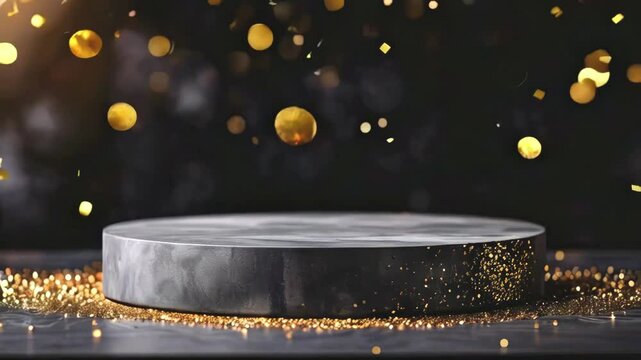 round stone concrete podium stand with golden decorations on dark background with particles  animation -- 4k social media new stock video footage animation design AI	