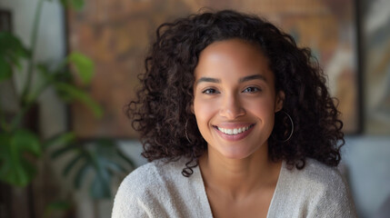 Therapist with a warm, genuine smile, conveying sincerity and care, upper third copy space