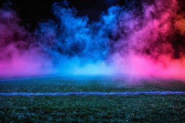 Fototapeta premium The photo idea is a textured soccer game field with neon fog in the center midfield.