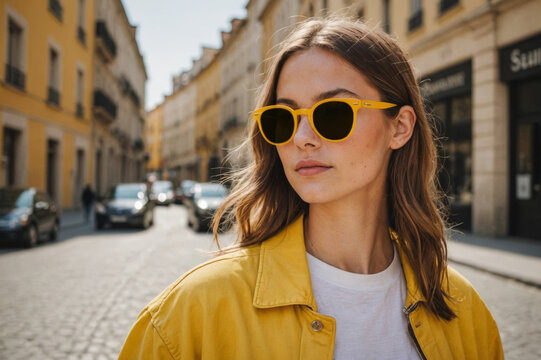 young woman beautiful ,fashion yellow sunglasses trendy attractive lifestyle, studion shot