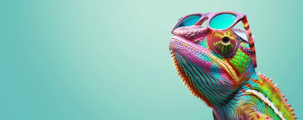 A chameleon wearing sunglasses on a solid color background with facets, minimal, abstract, panoramas. Stock image.