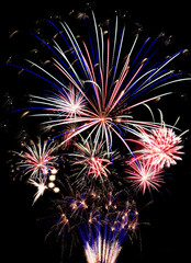 Vivid and exciting celebration fireworks exploding against a black sky.