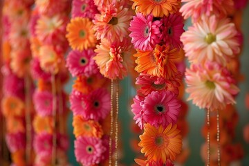 close-up shot of a vibrant flower garland decoration hanging as a toran for an Indian Hindu holiday or wedding.