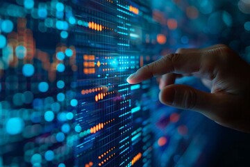 close-up shot of a finger touching a virtual interface displaying an agile software development or project management board, showcasing the process workflow and organization tools used